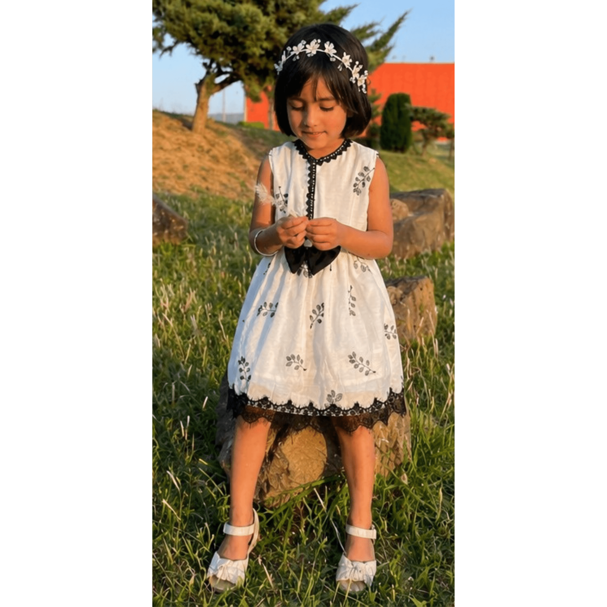 Girls' Elegant White Cotton Silk Frock with Black Floral Embroidery & Lace Trim – RAB 180 - Image 3